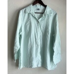 Irish Linen Button Up Tunic Top XL Relaxed Fit Seafoam Green Embroidered Pastel